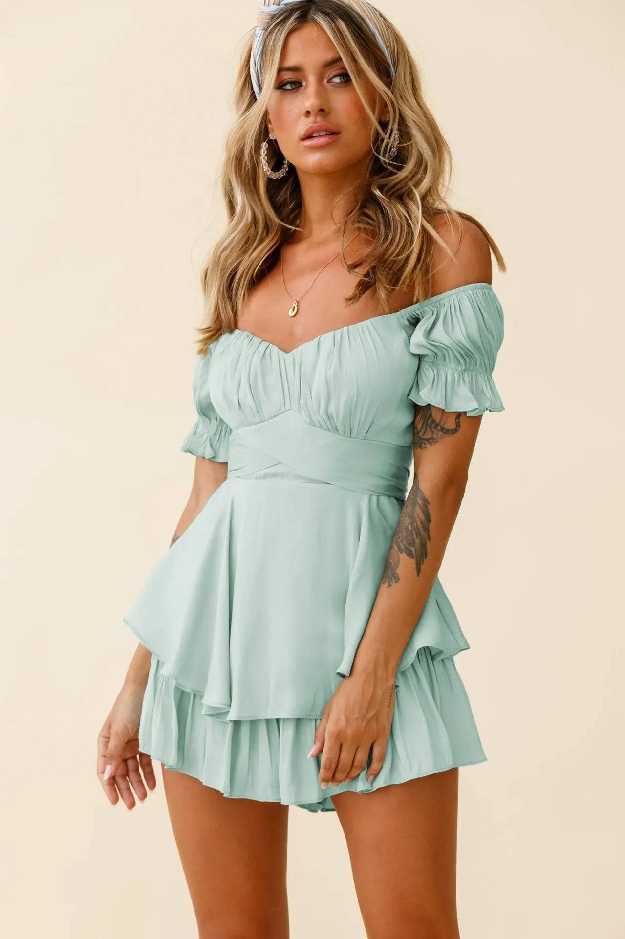 Elegant Off-Shoulder Short Romper with Puff Sleeves for Summer Women's Clothing  S Multi-8 