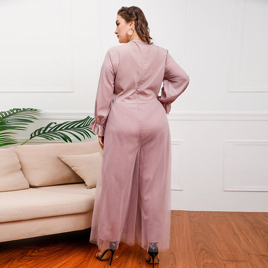 Plus Size Middle East Light Luxury Dress Elegant One Piece Trousers High Waist Loose Wide Leg Flared Pants - Wild Amber Fashion