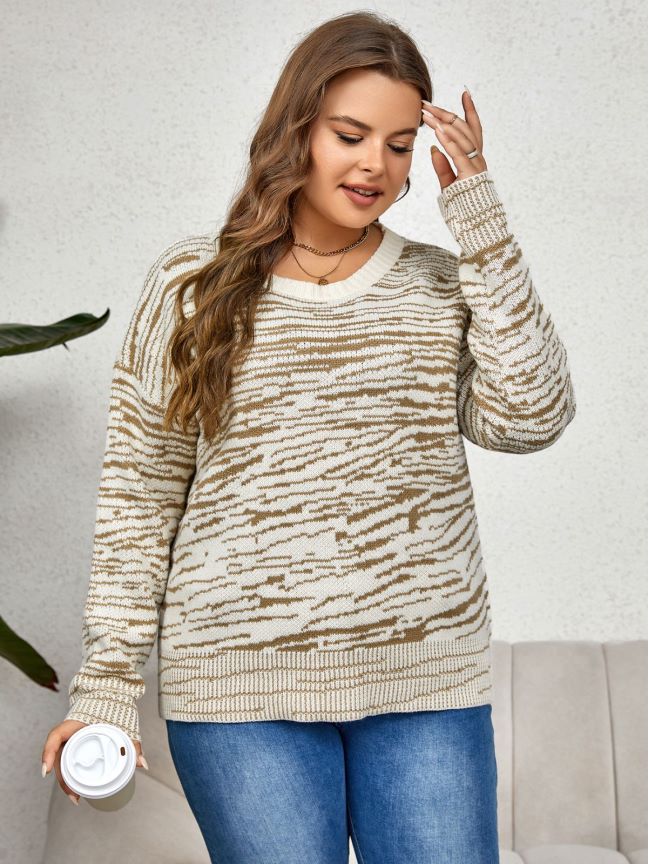 Plus Size Autumn Winter round Neck Striped Thick Pullover Sweater - Wild Amber Fashion