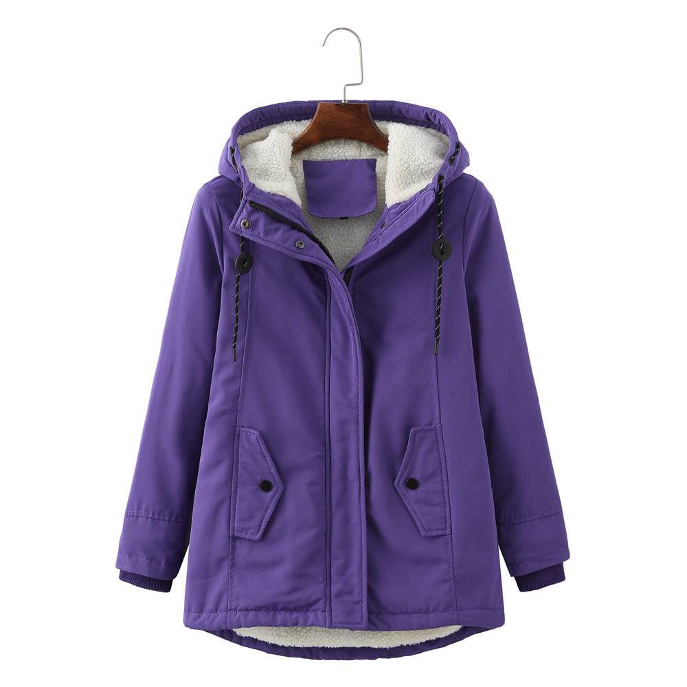 Ladies Hooded Lambswool Parka Winter Warm Waist Women Cotton-Padded Coat  S Purple 