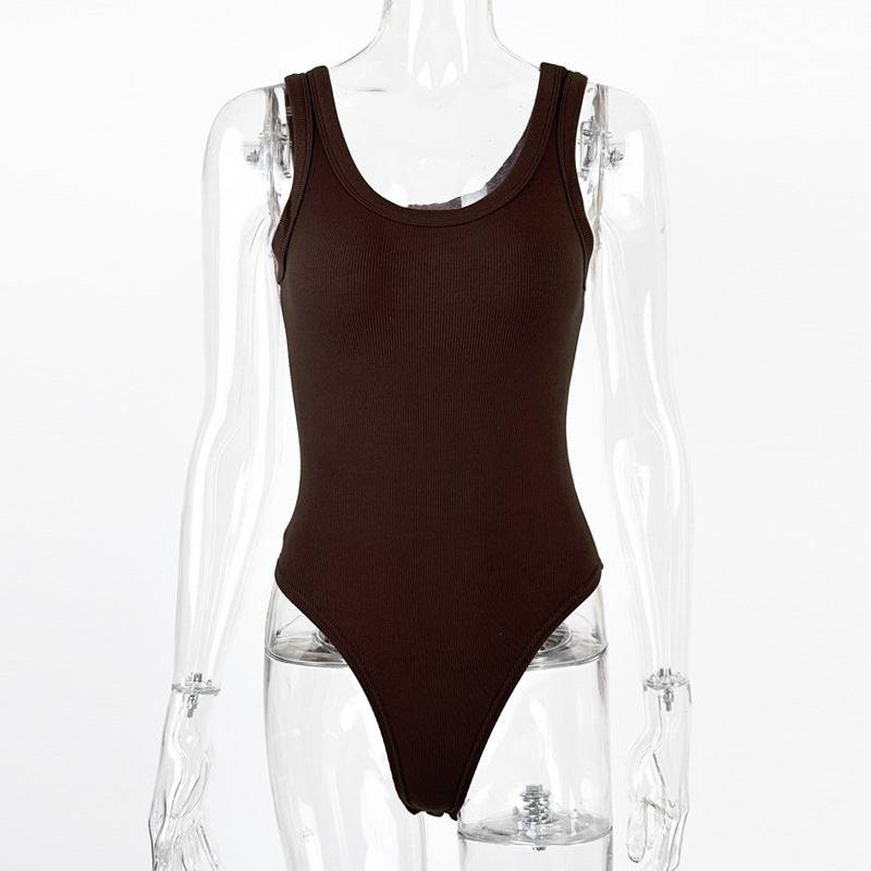 Sleek Sleeveless Summer Fitness Leotard in Ribbed Rayon Blend  S Coffee 