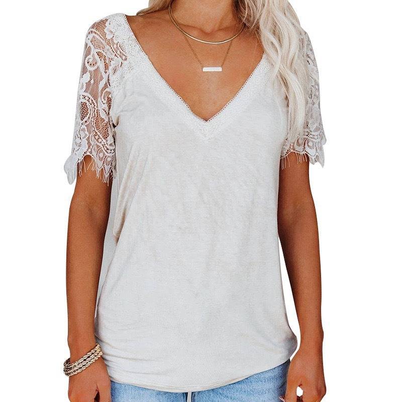 Elegant V-Neck Lace and Feather Detail Women's Top  S White 