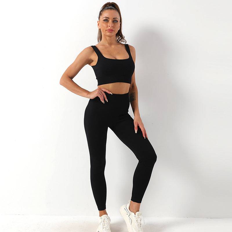 Ultimate Comfort Seamless Yoga Set with Shockproof Sports Bra and High-Rise Fitness Trousers  S Black Strap Bra Trousers 