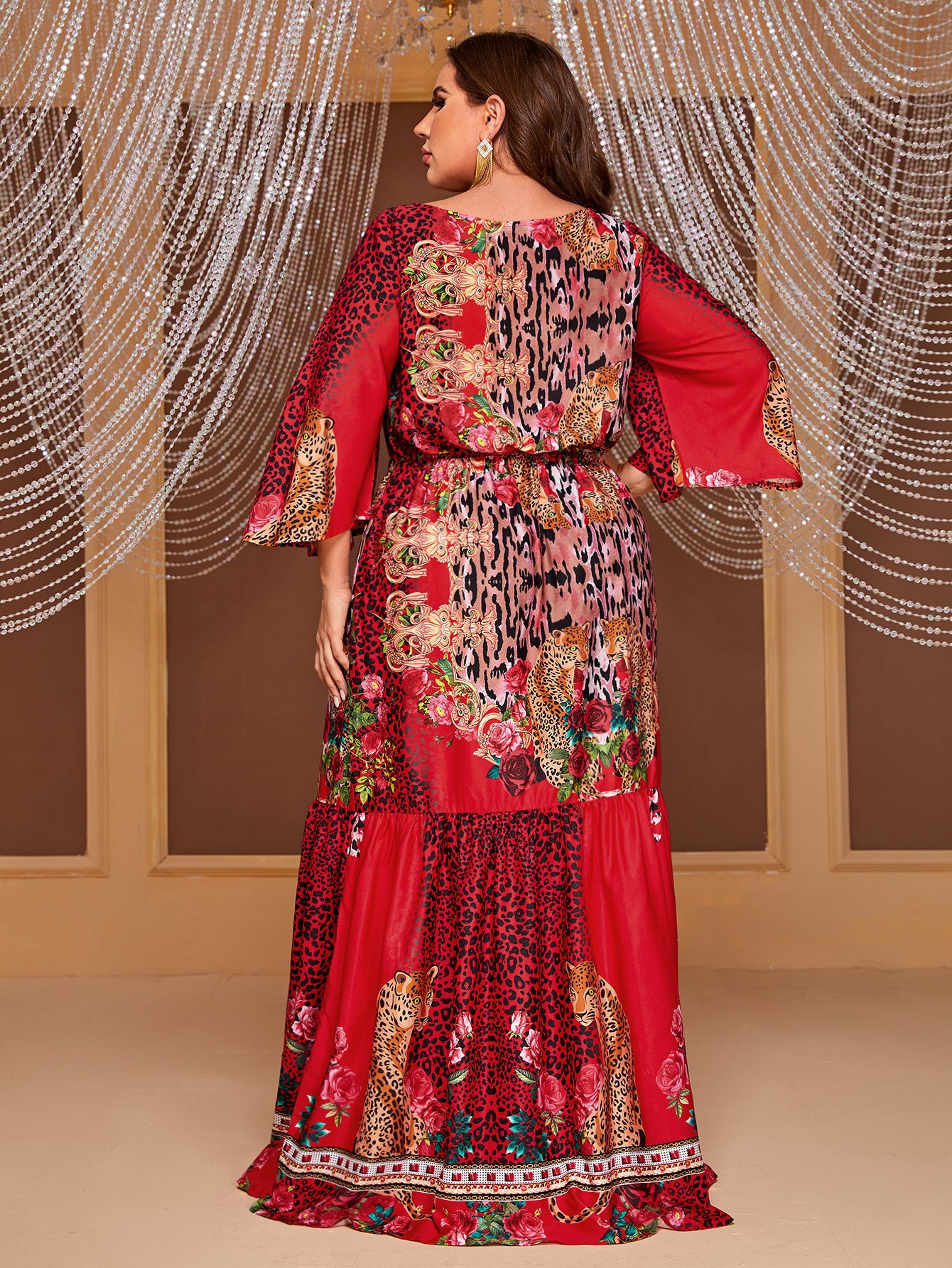 Plus Size Printed 3/4 Sleeves Dress Bright Red Featured Printed Maxi Dress - Wild Amber Fashion