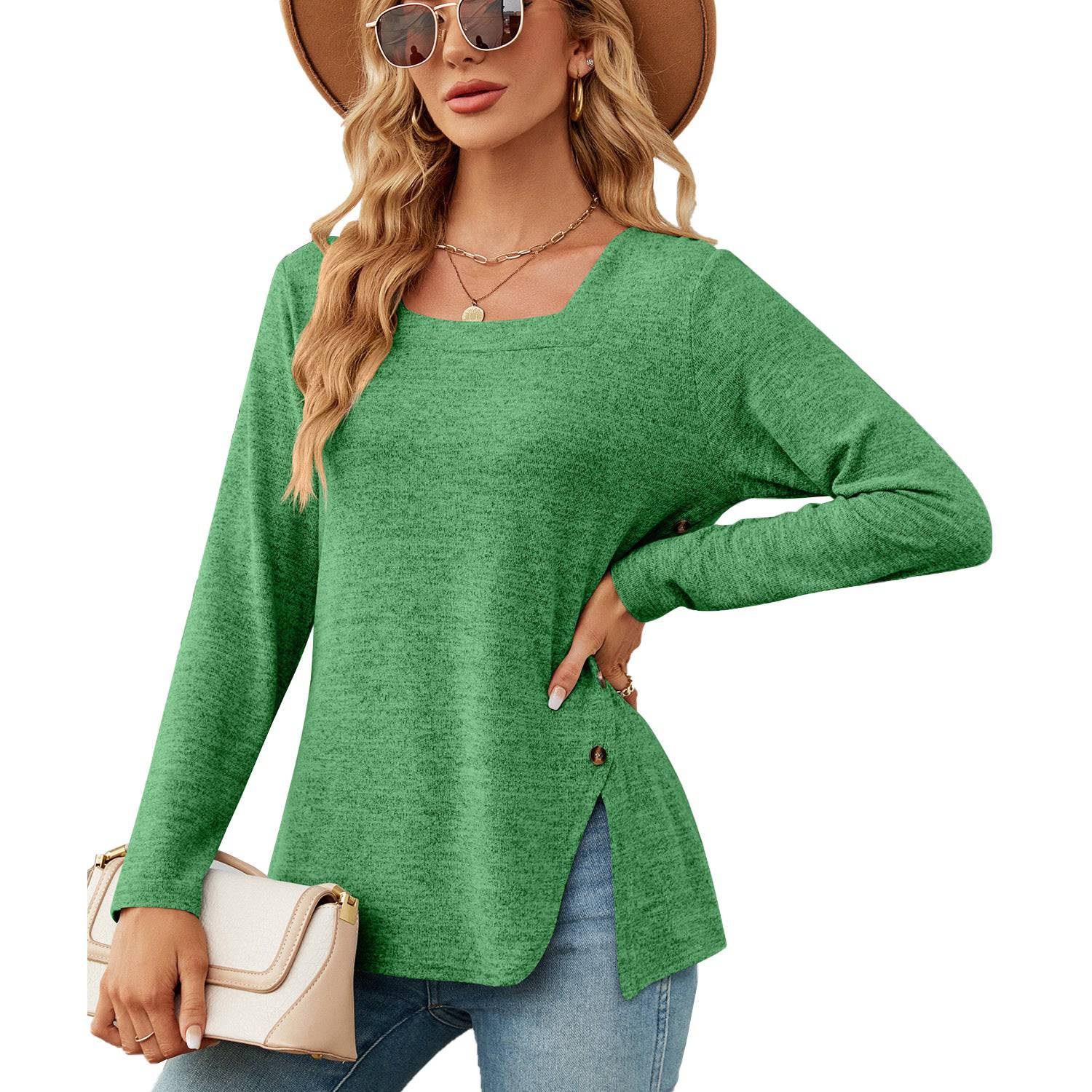 Elegant Square Collar Long Sleeve T-shirt for Women  S Green 