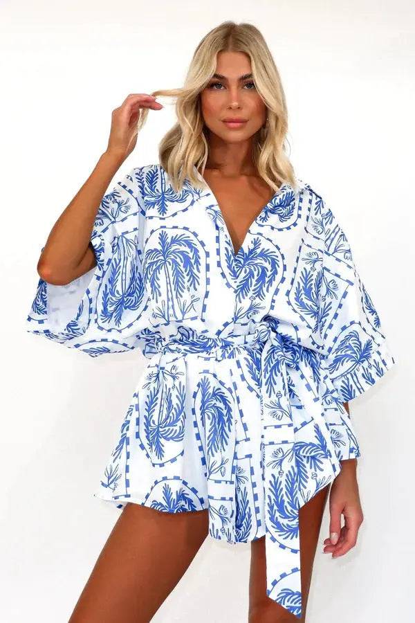 Geometric Printed Belted Jumpsuit for Women  S Blue Jumpsuit 