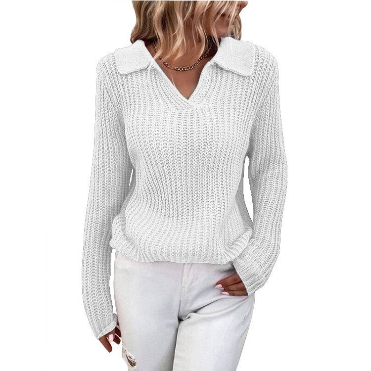 Women's Slim Fit Long Sleeve Polo Collar Knitted Sweater for Fall/Winter  S White 