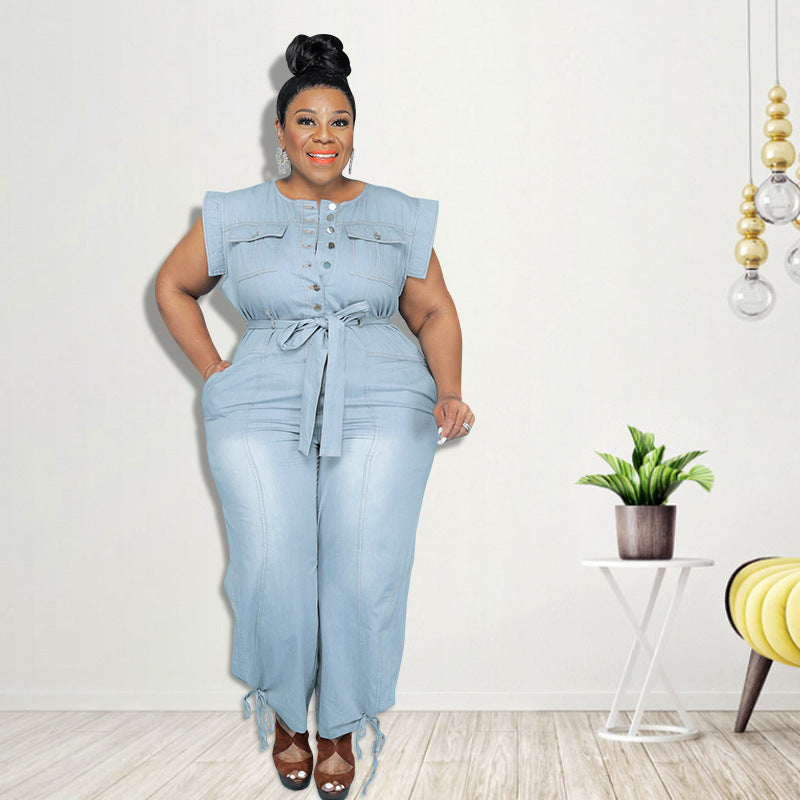 Plus Size Plus Size Women Clothing Summer Washed Denim Casual Jumpsuit - Wild Amber Fashion