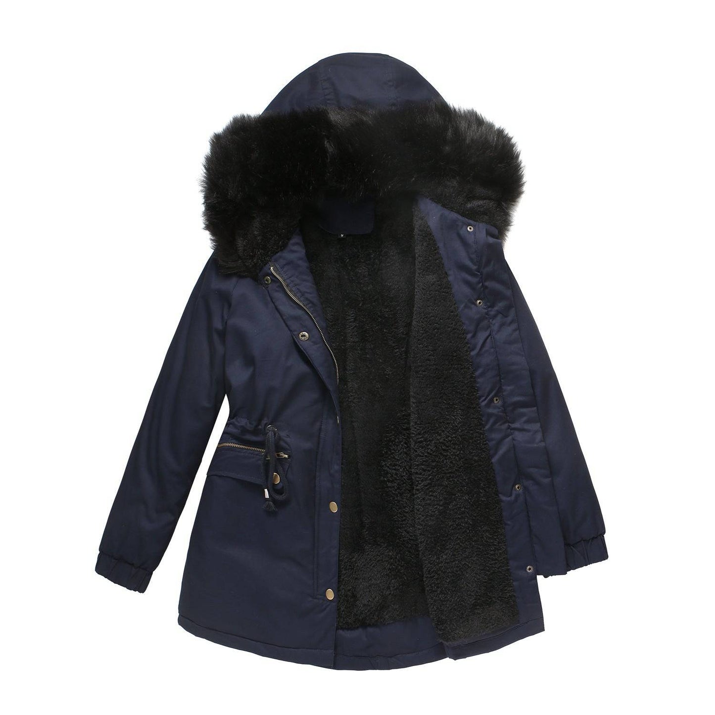 Warm and Stylish Plus Size Fur Collar Parka  S Navy Blue 