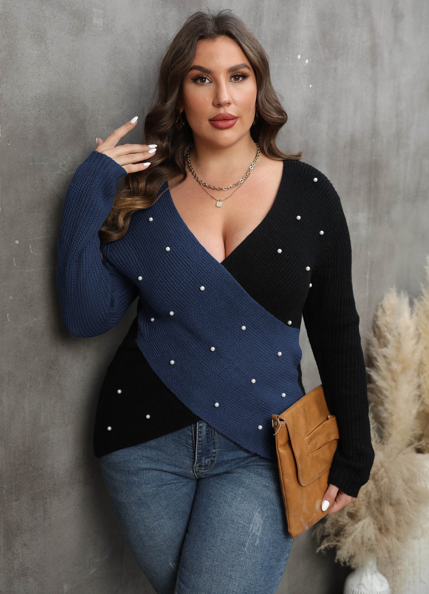 Plus Size Women Clothes Color Contrast Patchwork Deep V Plunge Cross Sexy Beaded Sweater - Wild Amber Fashion