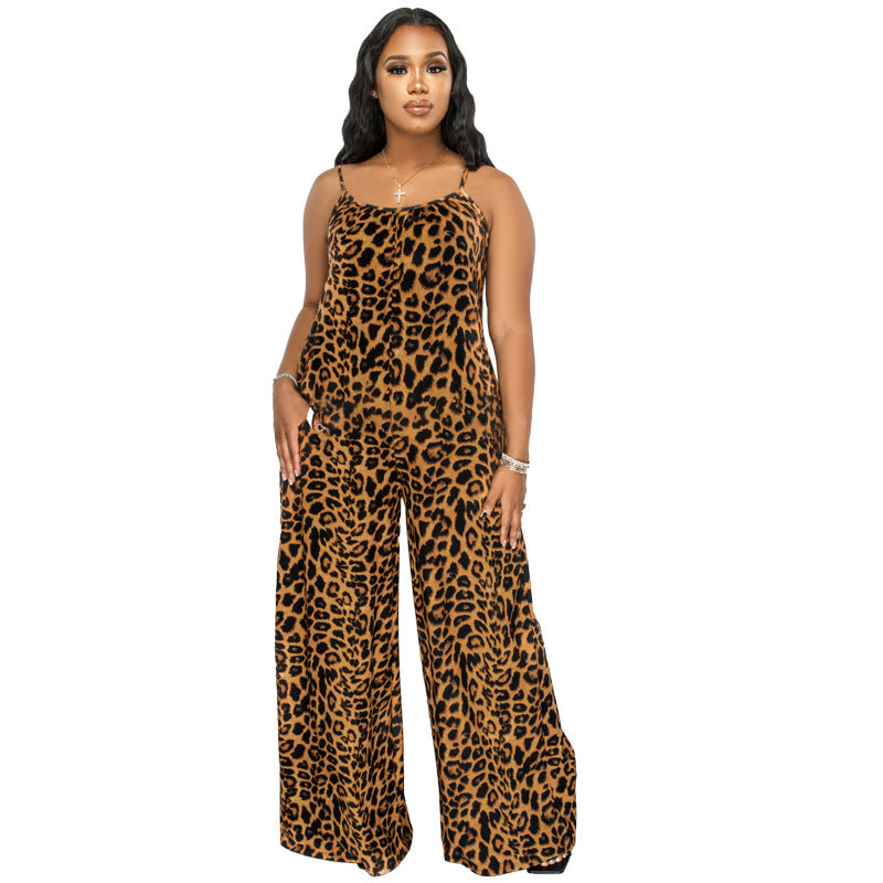 Plus Size New Jumpsuit Summer Leopard Print Sling Casual Jumpsuit - Wild Amber Fashion