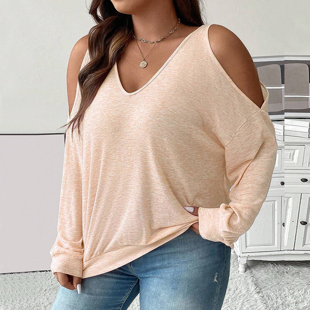 Stylish Plus Size Off-The-Shoulder V-Neck Long-Sleeved T-Shirt for Autumn and Winter  1XL Orange 