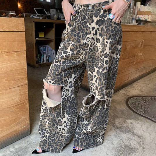 Leopard Print Denim Wide Leg Jeans with Distressed Details  S Multi 