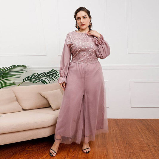 Plus Size Middle East Light Luxury Dress Elegant One Piece Trousers High Waist Loose Wide Leg Flared Pants - Wild Amber Fashion