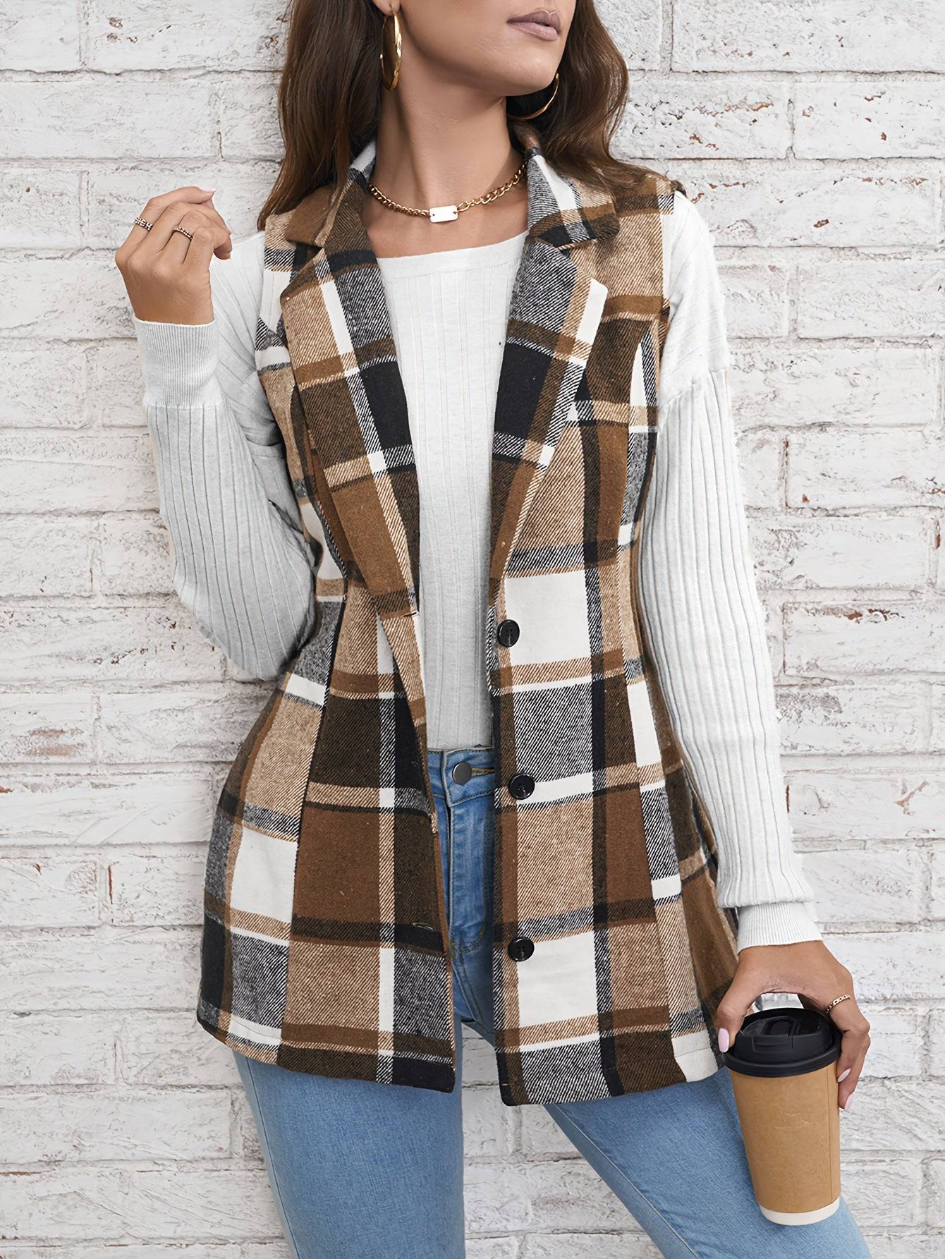 Women's Plaid Coat with Polo Collar and Single Breasted Design  S Light Brown 