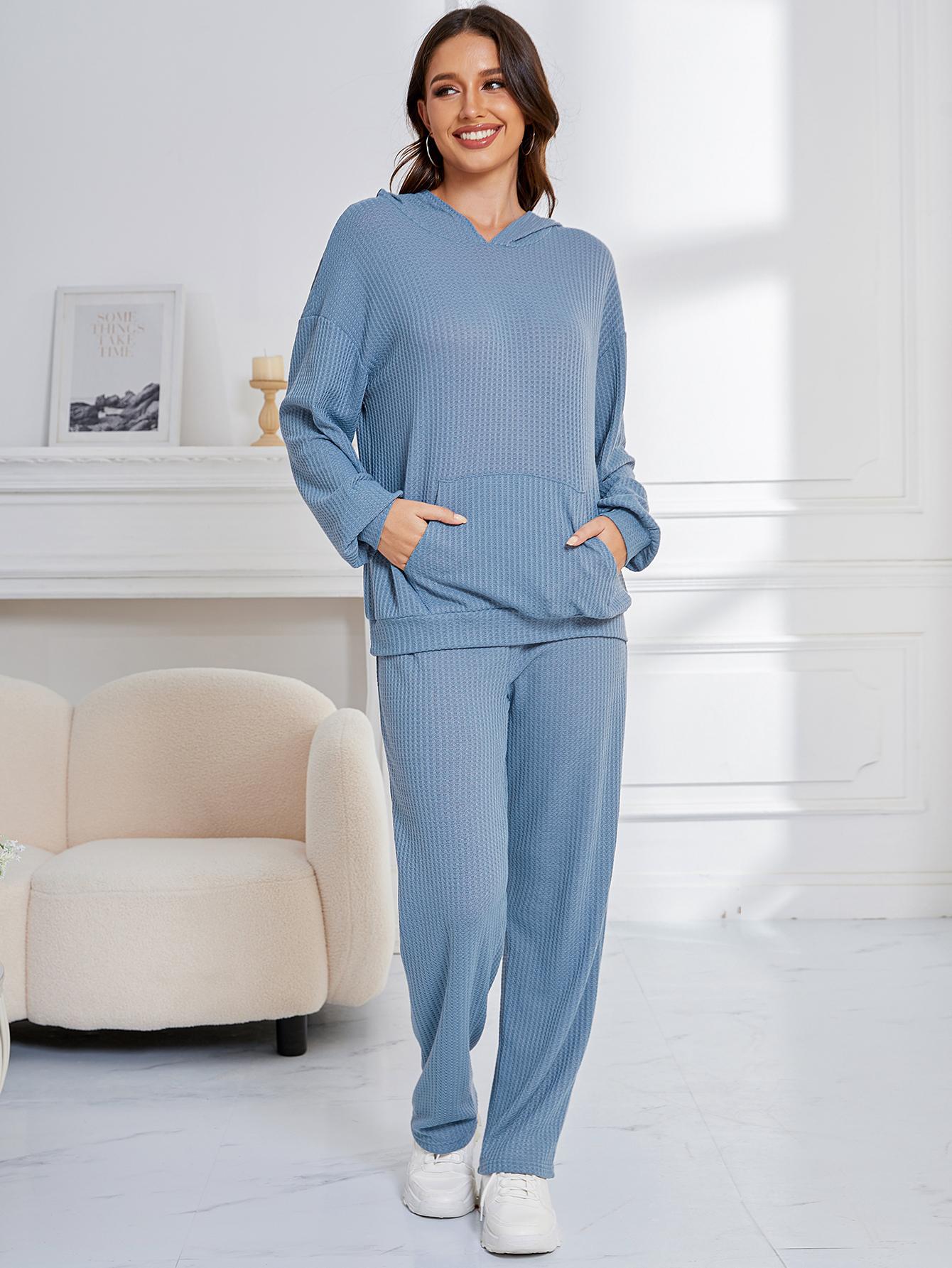 Hooded Casual Suit Women Pajamas Waffle Loose Long Sleeved Trousers Two Piece Home Wear - Wild Amber Fashion