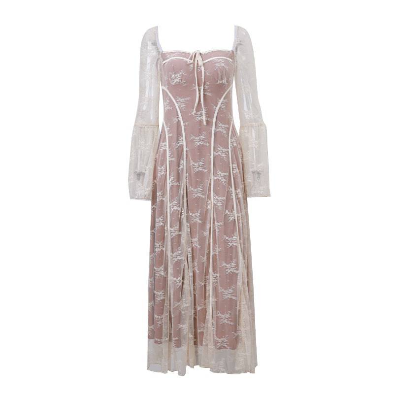 Square Neck Midi Floral Lace A-Line Dress for Women  S White 