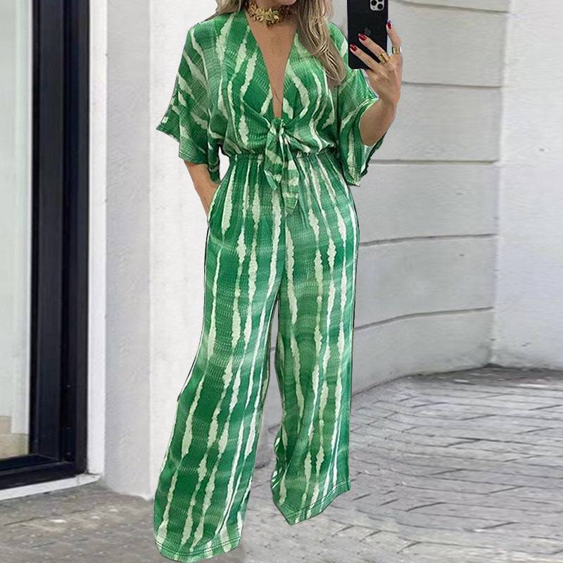 Plus Size Women Lace up Mid Sleeve Elastic Waist Straight Jumpsuit - Wild Amber Fashion