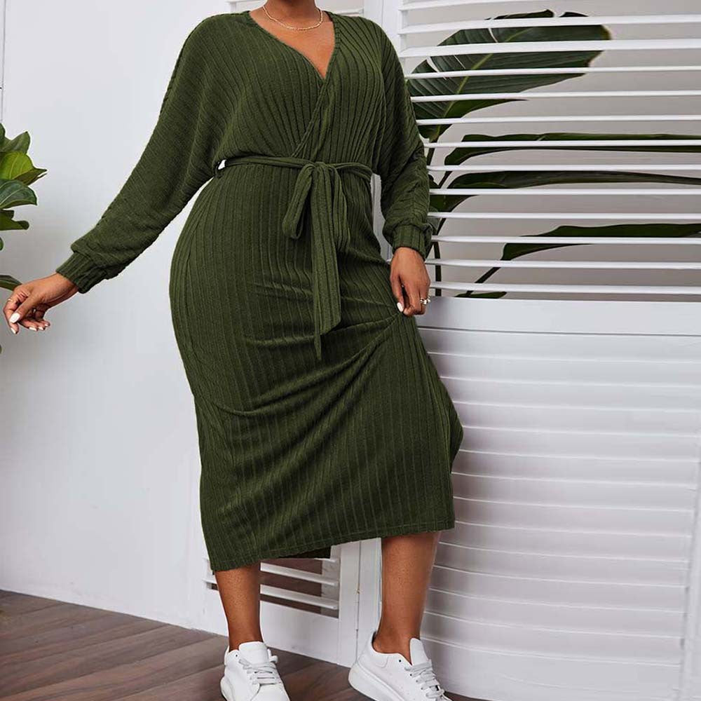 Plus Size Women Clothes V neck Lantern Sleeve Dress Autumn Winter Elegant A line Midi Dress - Wild Amber Fashion