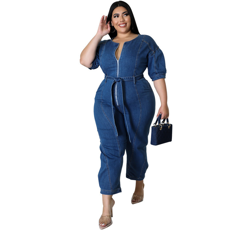 Plus Size Women Clothing Summer Short Sleeve Zipper Wash Denim Jumpsuit - Wild Amber Fashion