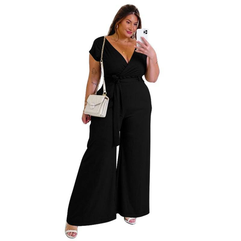 Elegant Plus Size Wide Leg Jumpsuit with Belt  L Black 