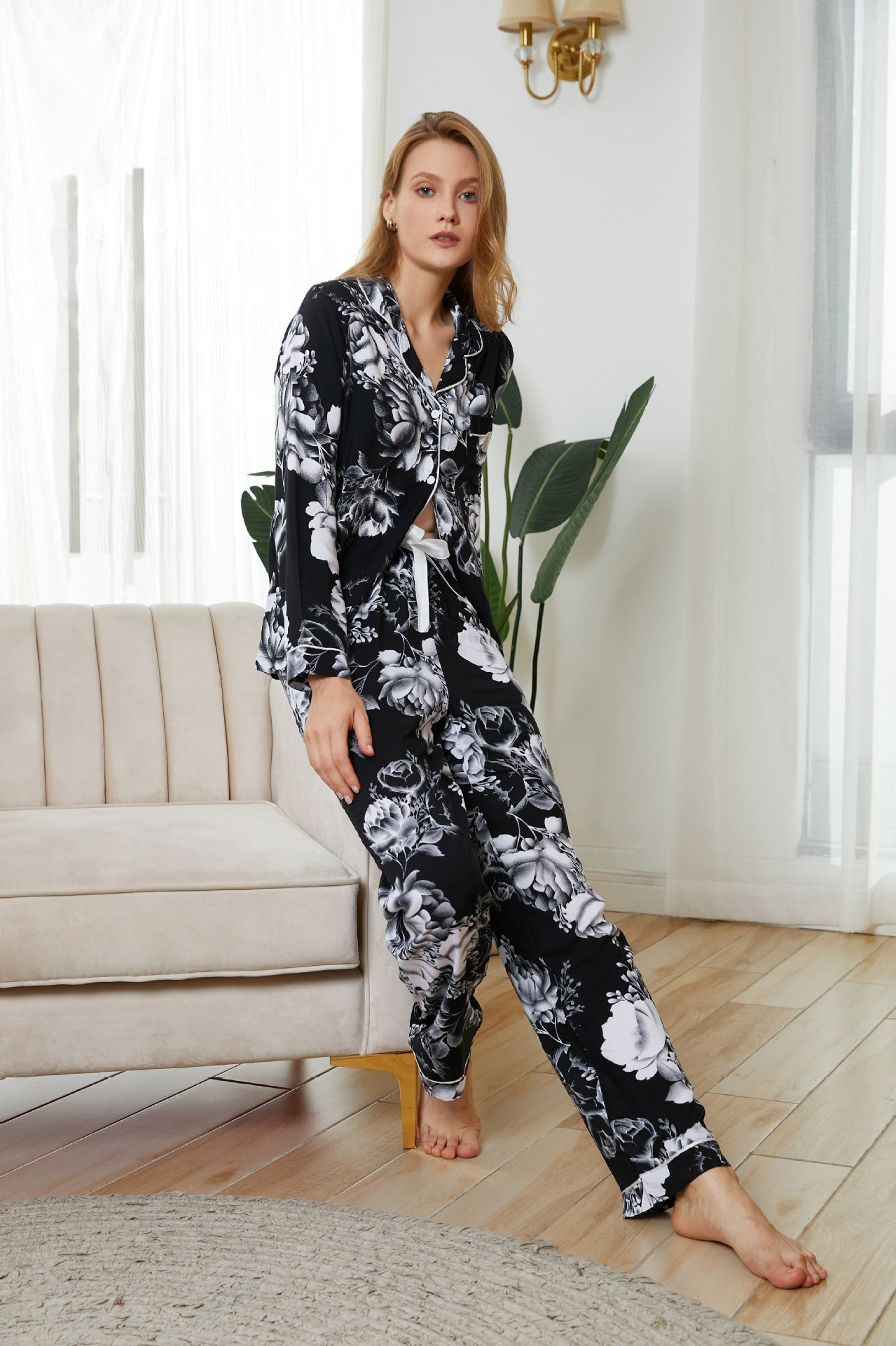 Long Sleeved Trousers Rayon V neck Pajamas Comfort Printing Summer Thin Pajamas Casual Set - Wild Amber Fashion