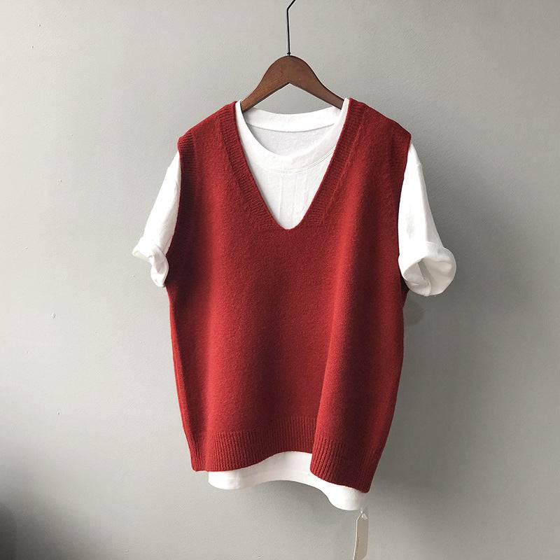 Knitted Vest Women Spring Preppy V neck Loose Idle Sleeveless Waistcoat  One Size Retro Red 