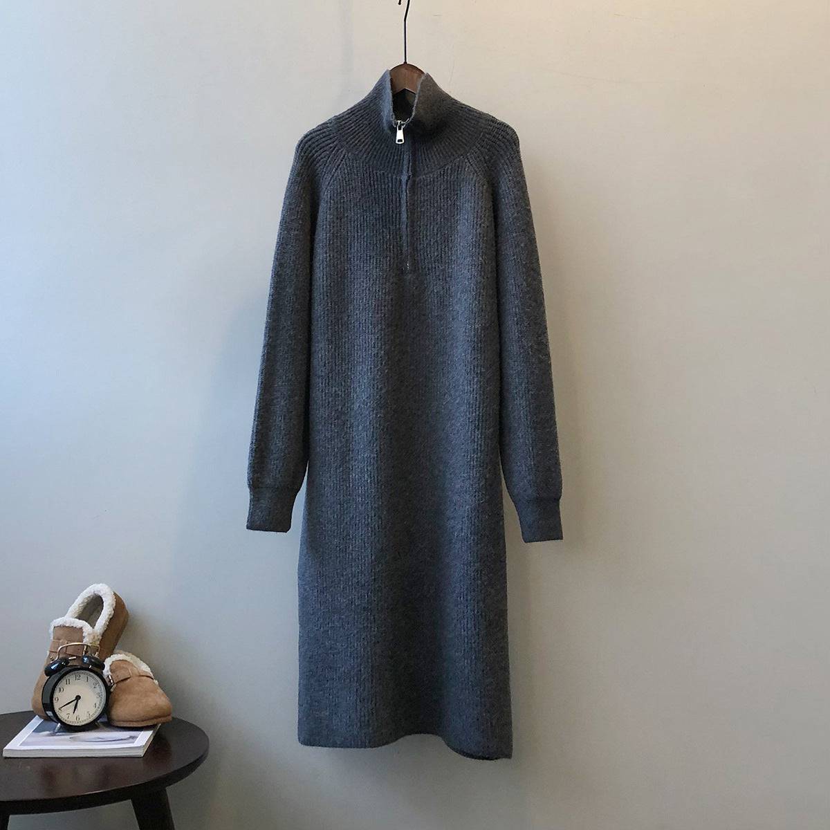 Winter Chic Zippered Knit Dress with Long Sleeves  One Size Dark Grey 