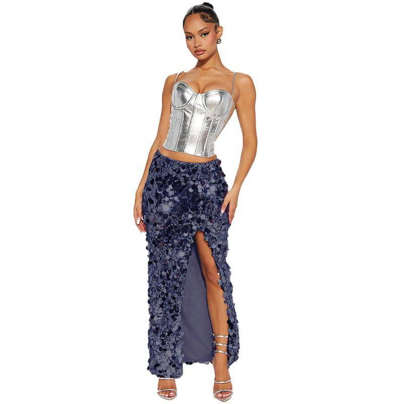 Sparkling Sequin Maxi Dress with Stylish Slit  S Blue 