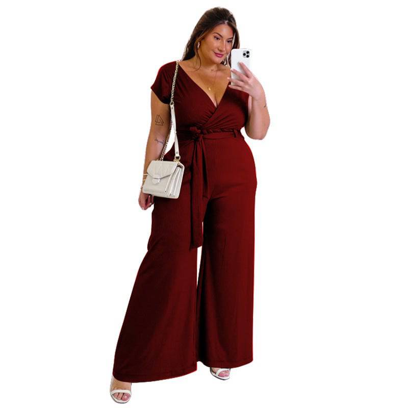 Elegant Plus Size Wide Leg Jumpsuit with Belt  L Burgundy 