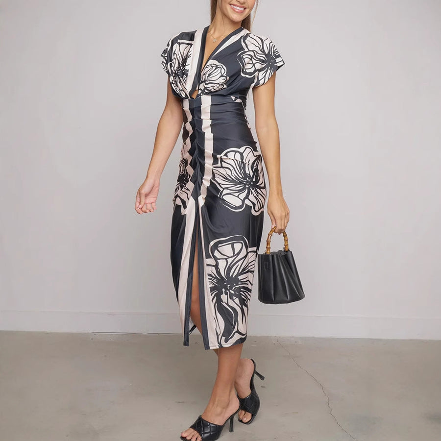 Floral Print Slit Sexy Low Cut V neck Hip Dress