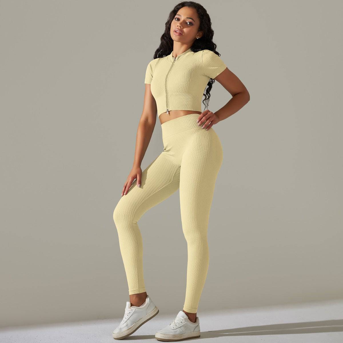 Peach Hip High Waist Seamless Yoga Set  S Khaki 