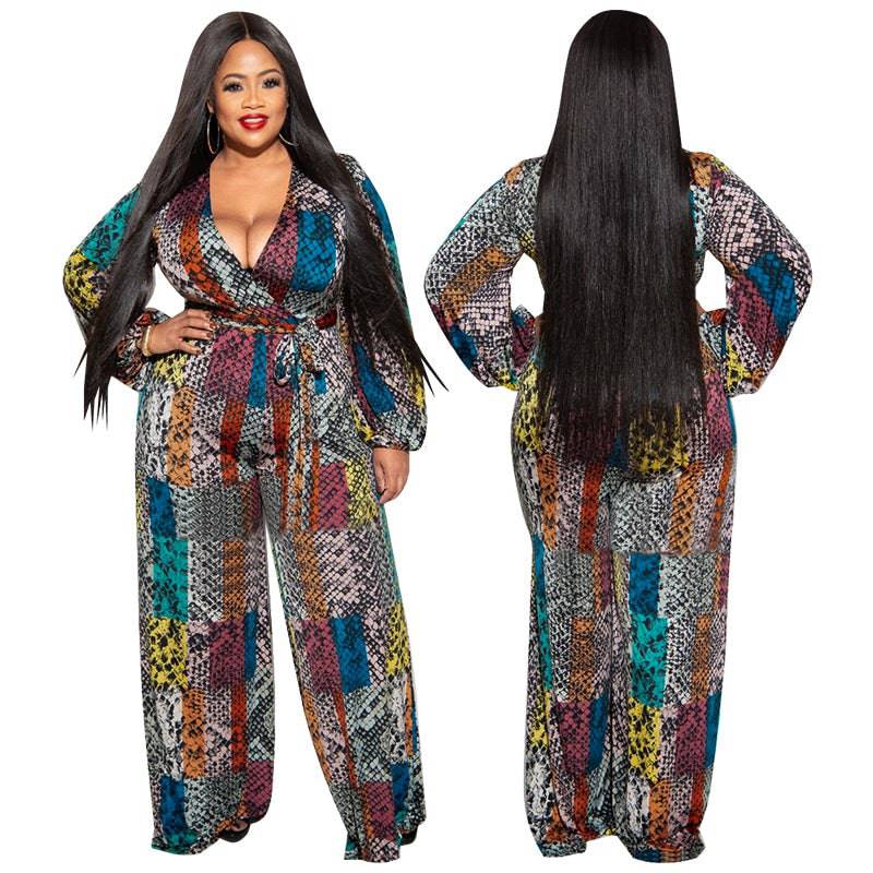 Plus Size Women Clothing Autumn Printed Large V neck Long Sleeve Jumpsuit - Wild Amber Fashion