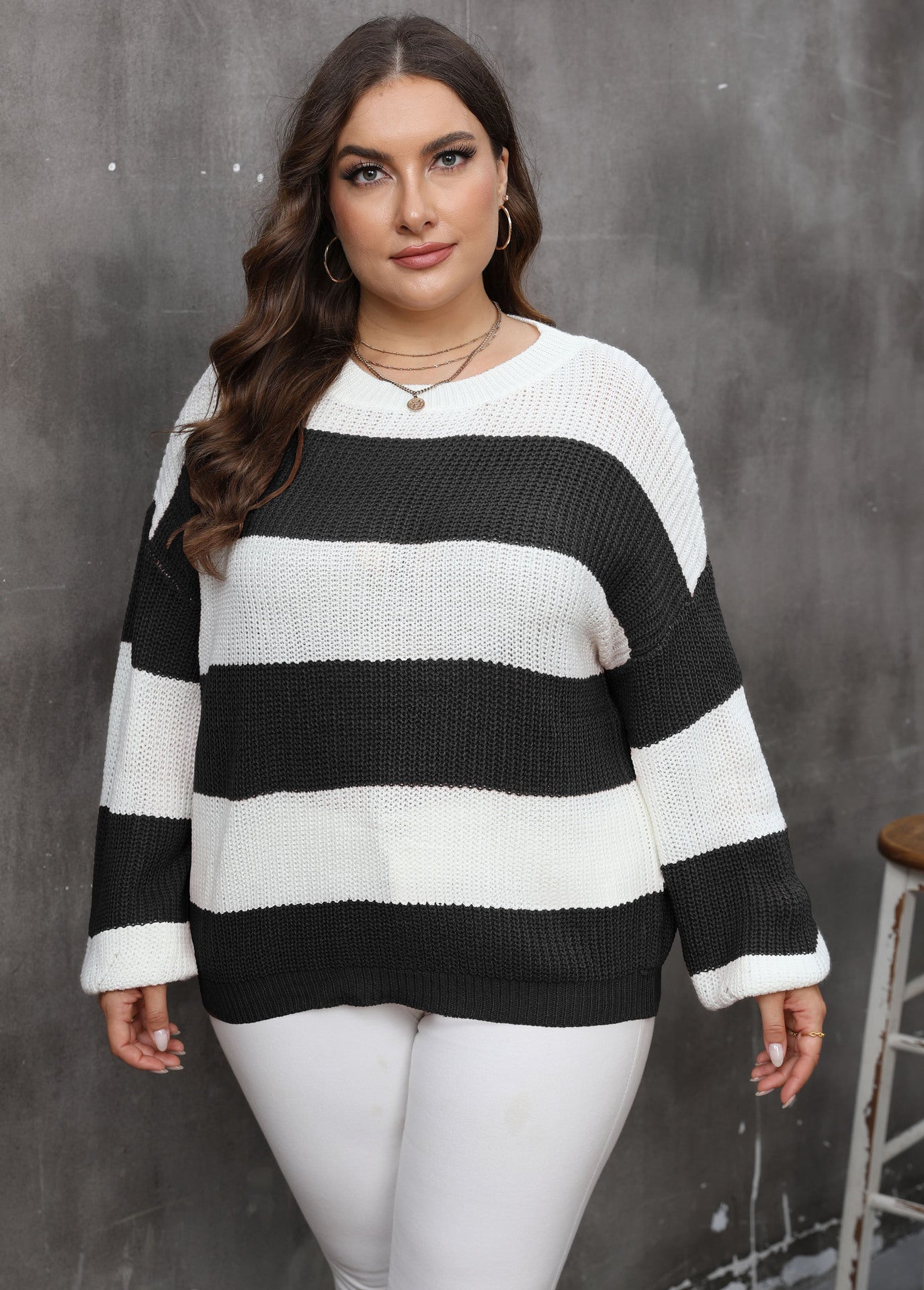 Plus Size Top Women Woven Sweater Women Clothes Contrast Color Striped Color Pullover Sweater - Wild Amber Fashion