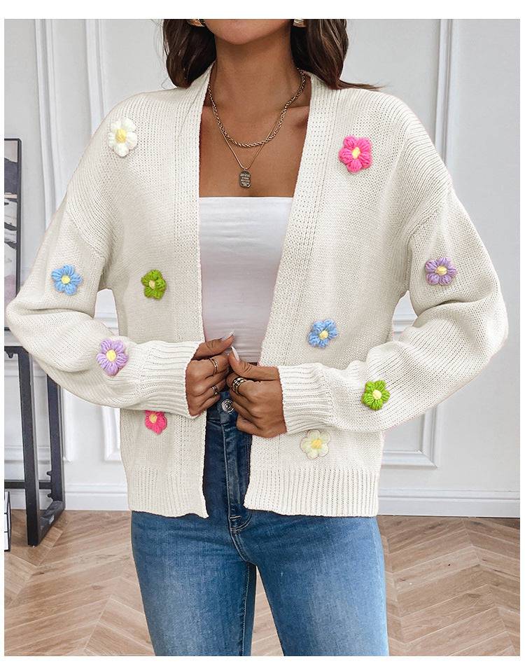 Floral Knitted Cardigan Sweater Coat for Casual Comfort  S White Knitted Fabric Sweater Coat 