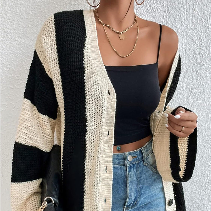 Top Product Autumn Winter Women Striped Contrast Color Bell Sleeve Knitted Cardigan Loose Sweater Coat Women - Wild Amber Fashion