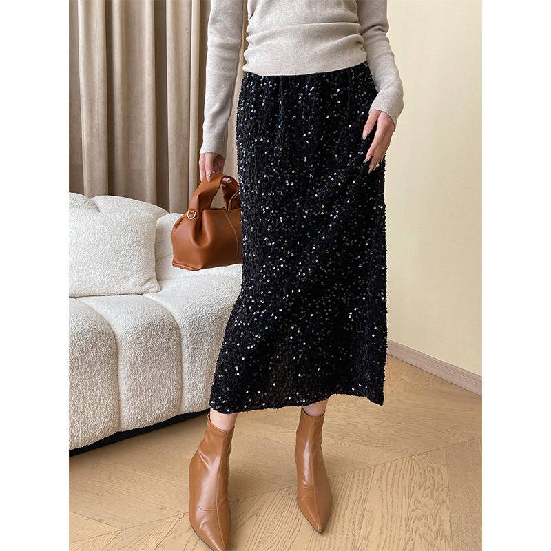 Elegant Golden Atmosphere Glitter Split Skirt for Fall and Winter  M Black 