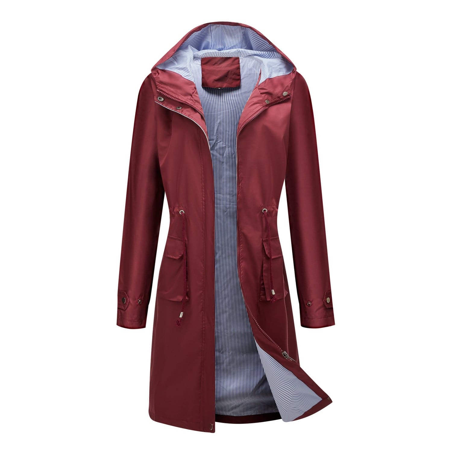 Women's Hooded Waterproof Trench Coat with Striped Lining  S Burgundy 