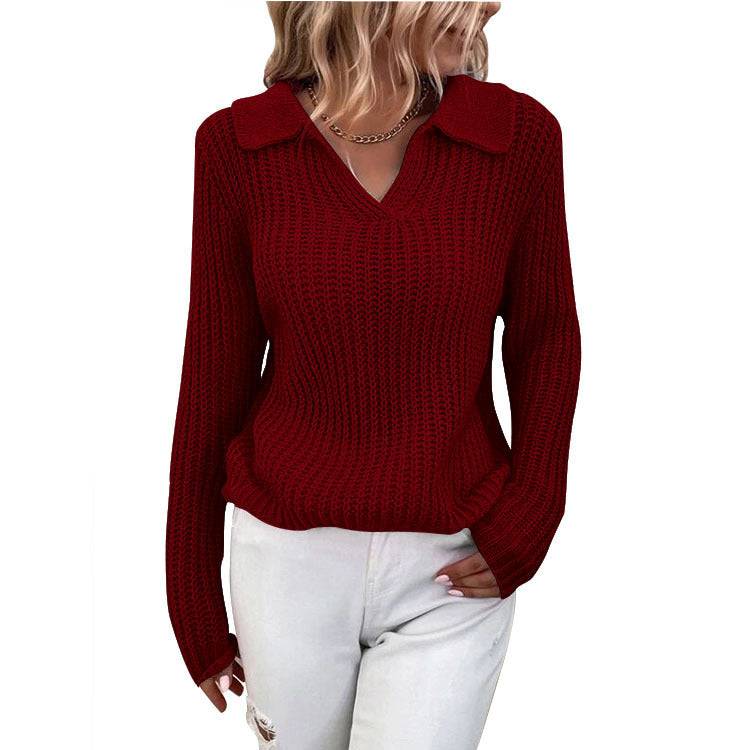 Women's Slim Fit Long Sleeve Polo Collar Knitted Sweater for Fall/Winter  S Burgundy 