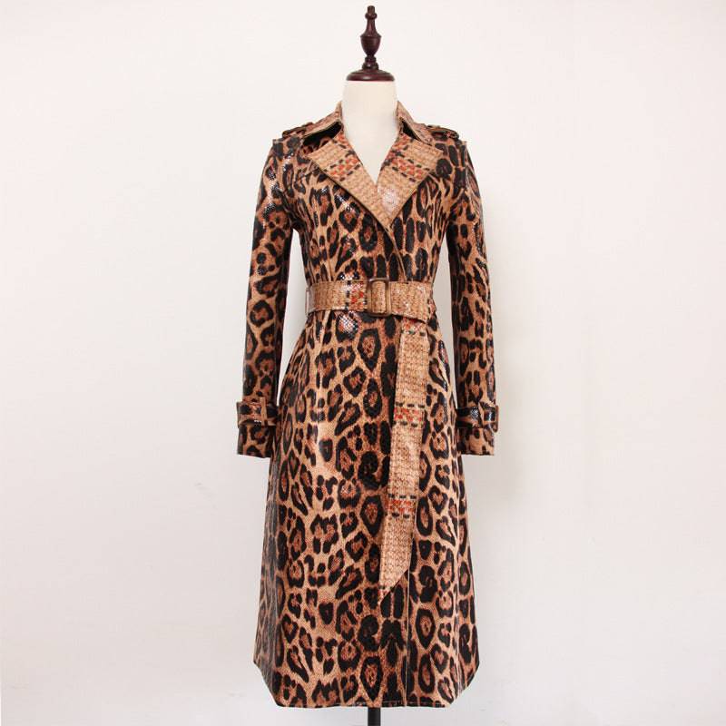 Goddess-Inspired Snakeskin Leopard Print Long Trench Coat  S Picture Color in Stock 