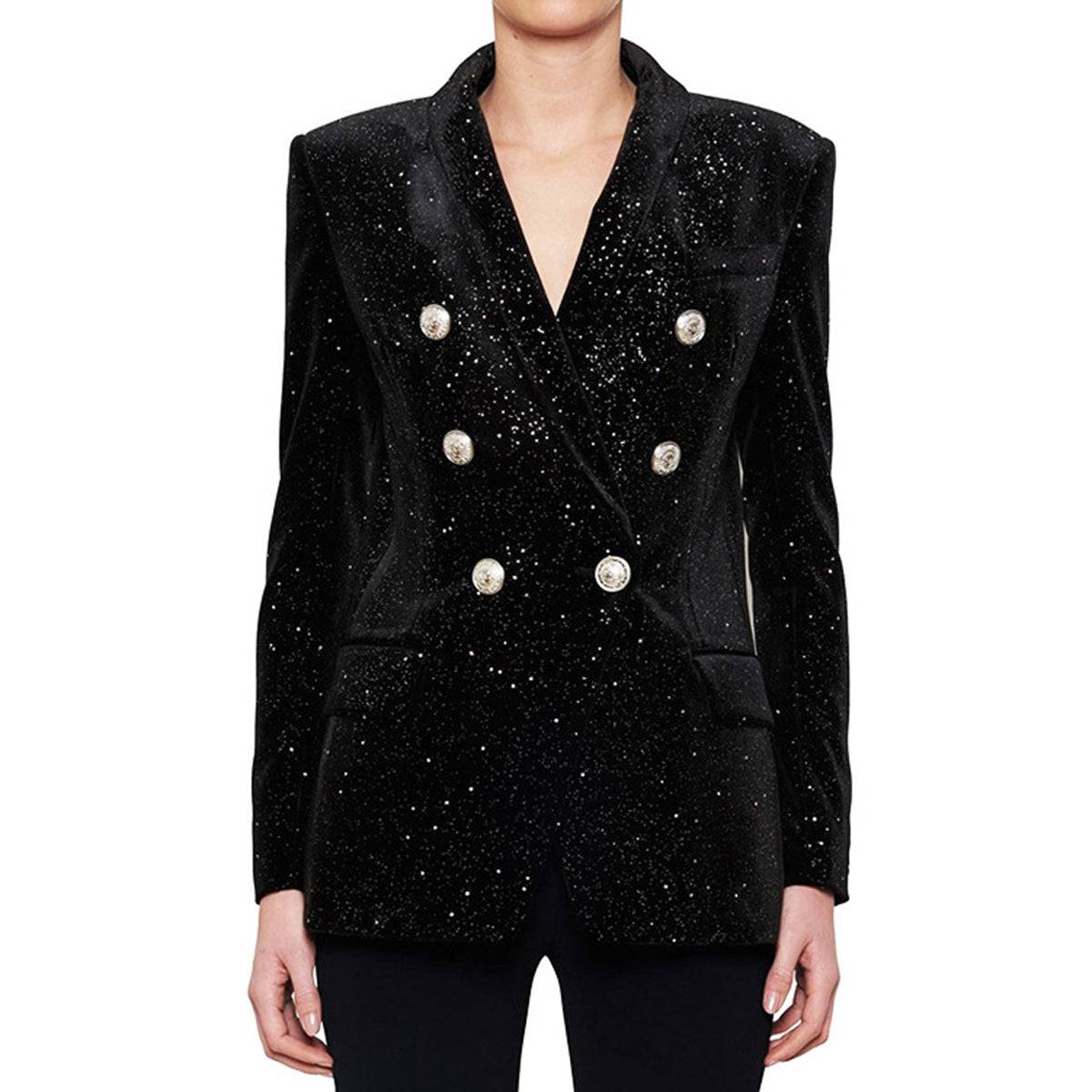 Starry Sequin Velvet Blazer with Silver Buckle  S Black 