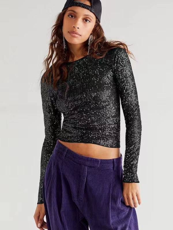 Slim Sequin Long Sleeve Top with Round Neck  S Black 