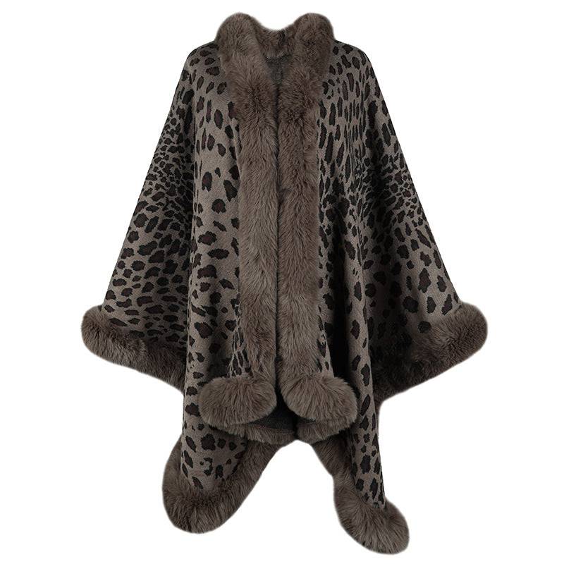 Leopard Print Fur Collar Cape Cardigan: Elegant and Luxurious Winter Sweater  One Size Brown 