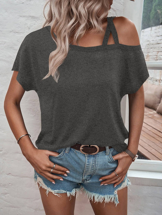 Stylish Solid Color T-Shirt with Independent Stand-Off Shoulder  S Dark Grey 