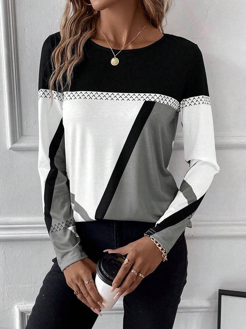 Geometric Abstract Print Round Neck Top  S Gray 