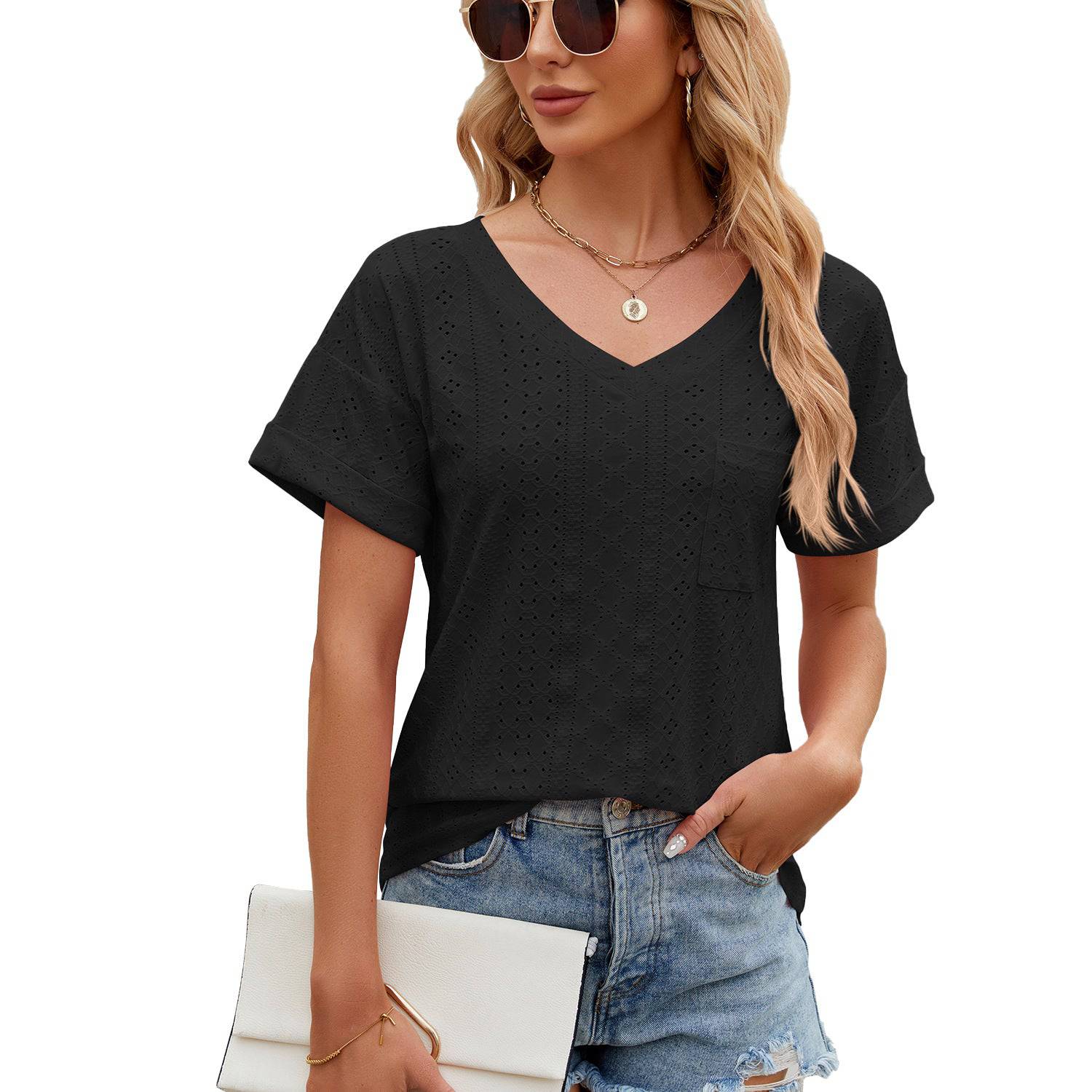 Relaxed V-Neck Short Sleeve Tee for Women  S Black 