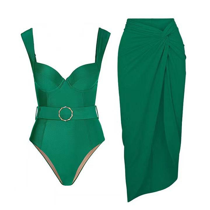 Sexy Boho Summer One Piece Swimsuit with Asymmetric Skirt Detail  S Green Double Shoulder Swimsuit Suit 