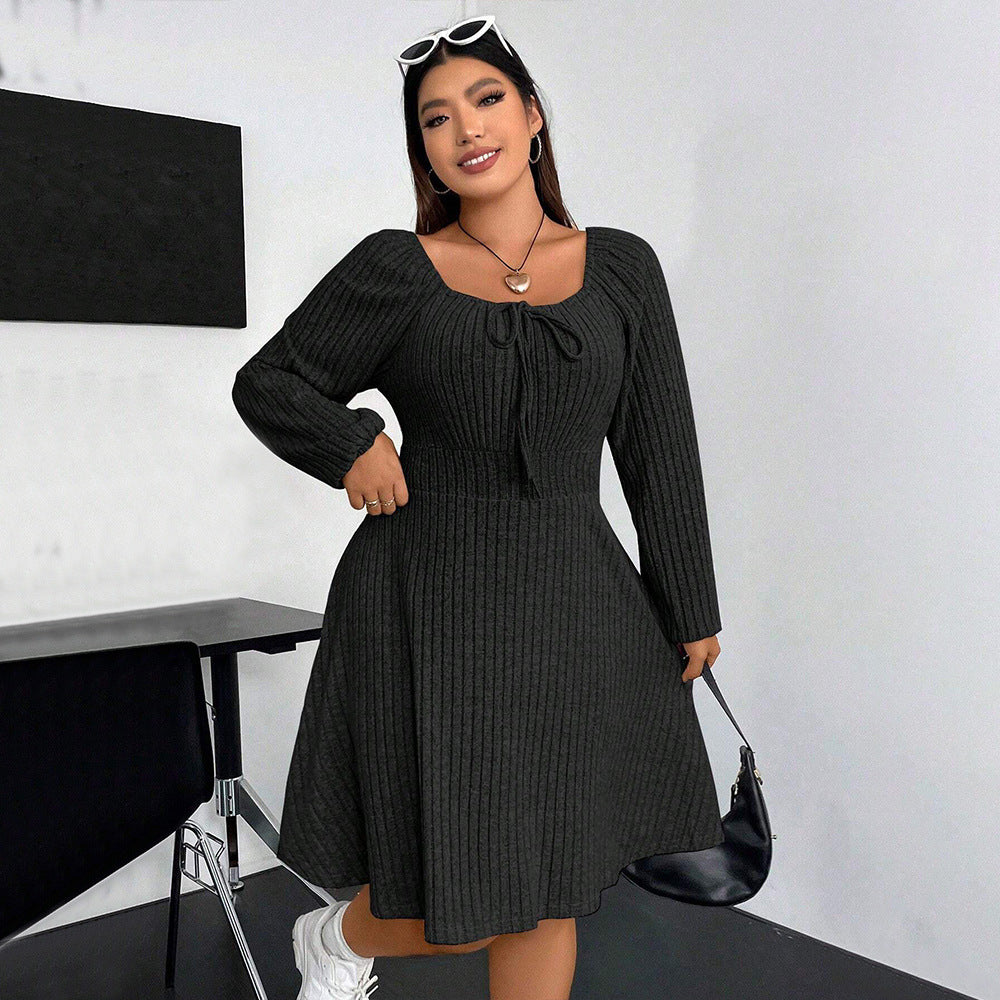 Plus Size Autumn Winter Women Clothing Square Collar Long Sleeve Waist Mini Fleece Sunken Stripe Dress - Wild Amber Fashion