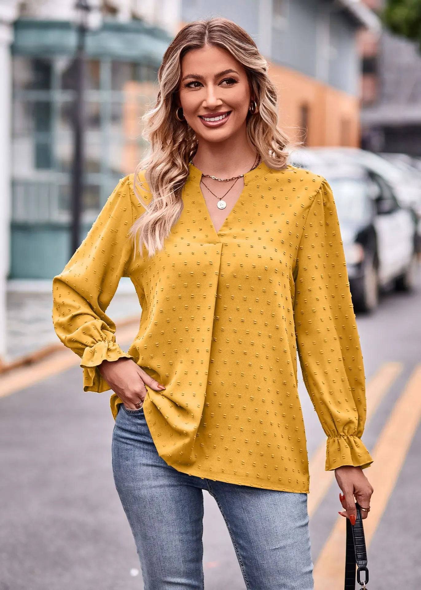 Stylish Fall Jacquard T-Shirt with V-Neck and Long Sleeves  S Turmeric 