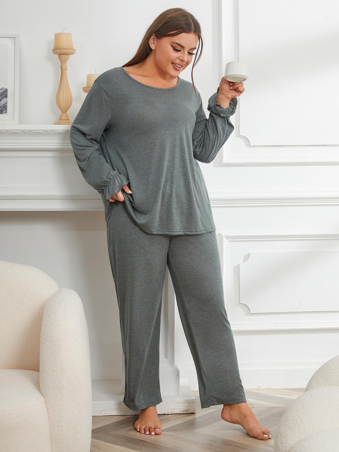 Plus Size Pajamas Women Autumn Winter Solid Color Long Sleeve Home Wear Set - Wild Amber Fashion